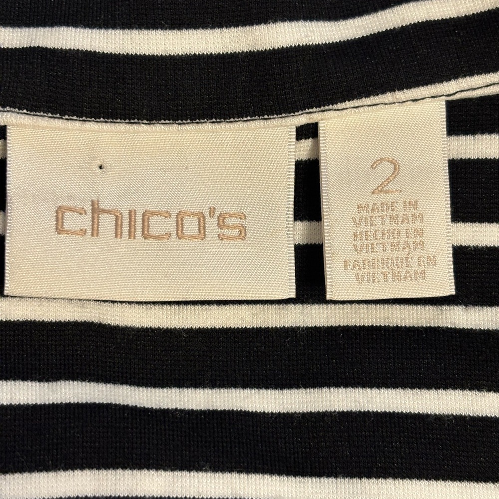 Chico’s Black White Striped Zip Jacket Size 2 Tie Waist Knit - Picture 2 of 8